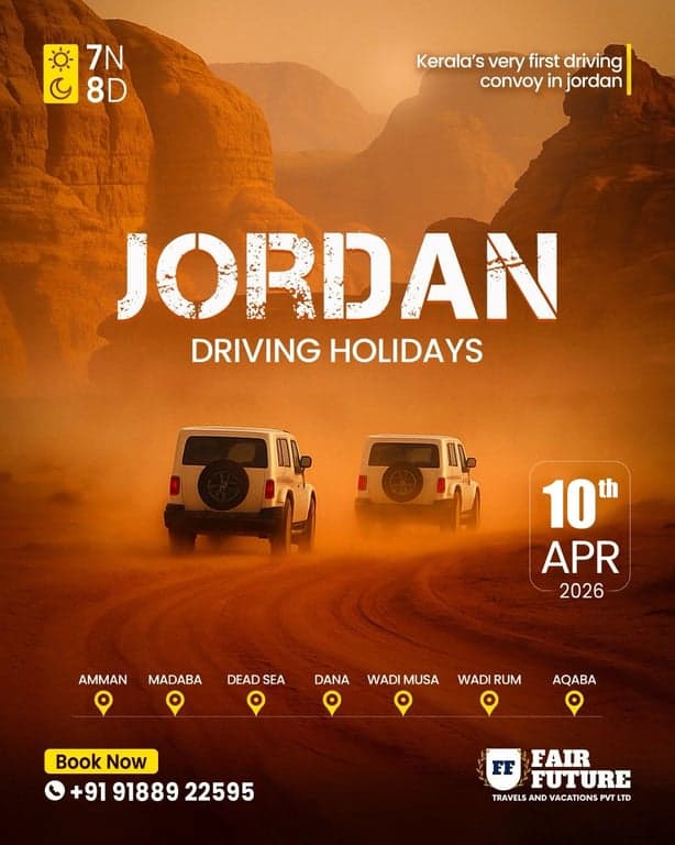 A group of travelers with 4x4s in front of an ancient structure in Jordan.