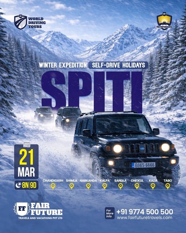 Convoy of 4x4 vehicles in the snowy Spiti Valley during winter.