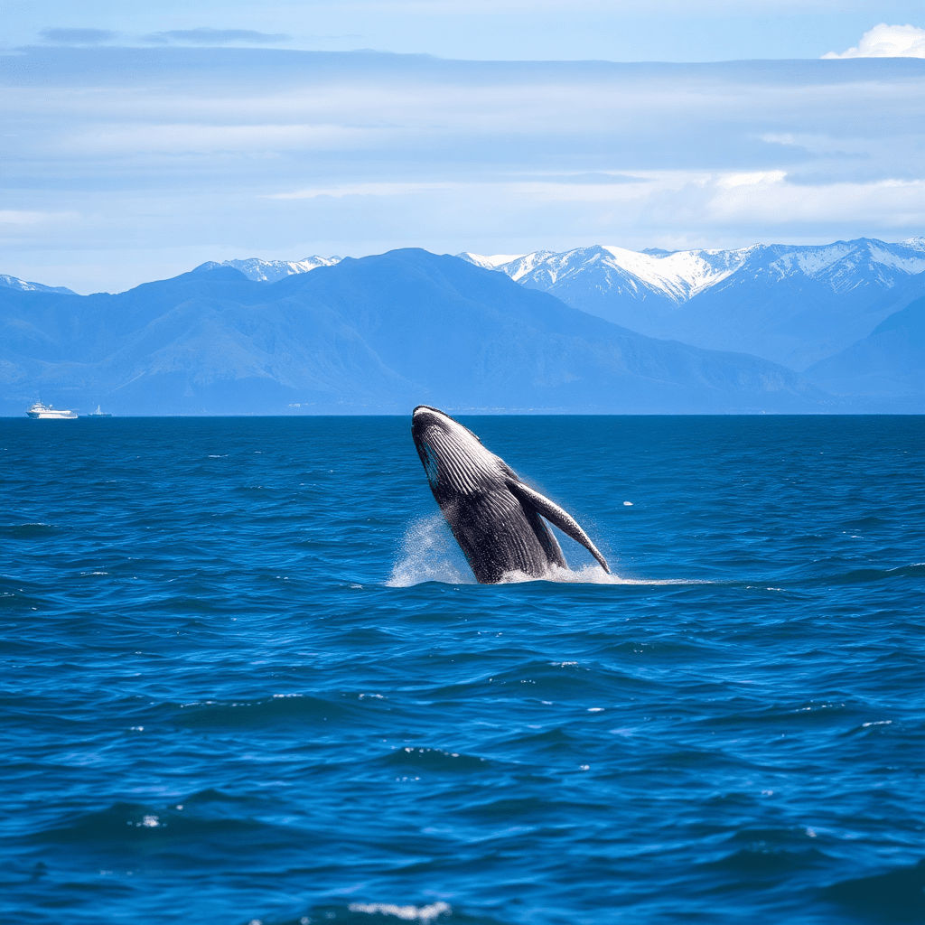 whale breaching in ocean near mountains new zealand landscape travel photography
