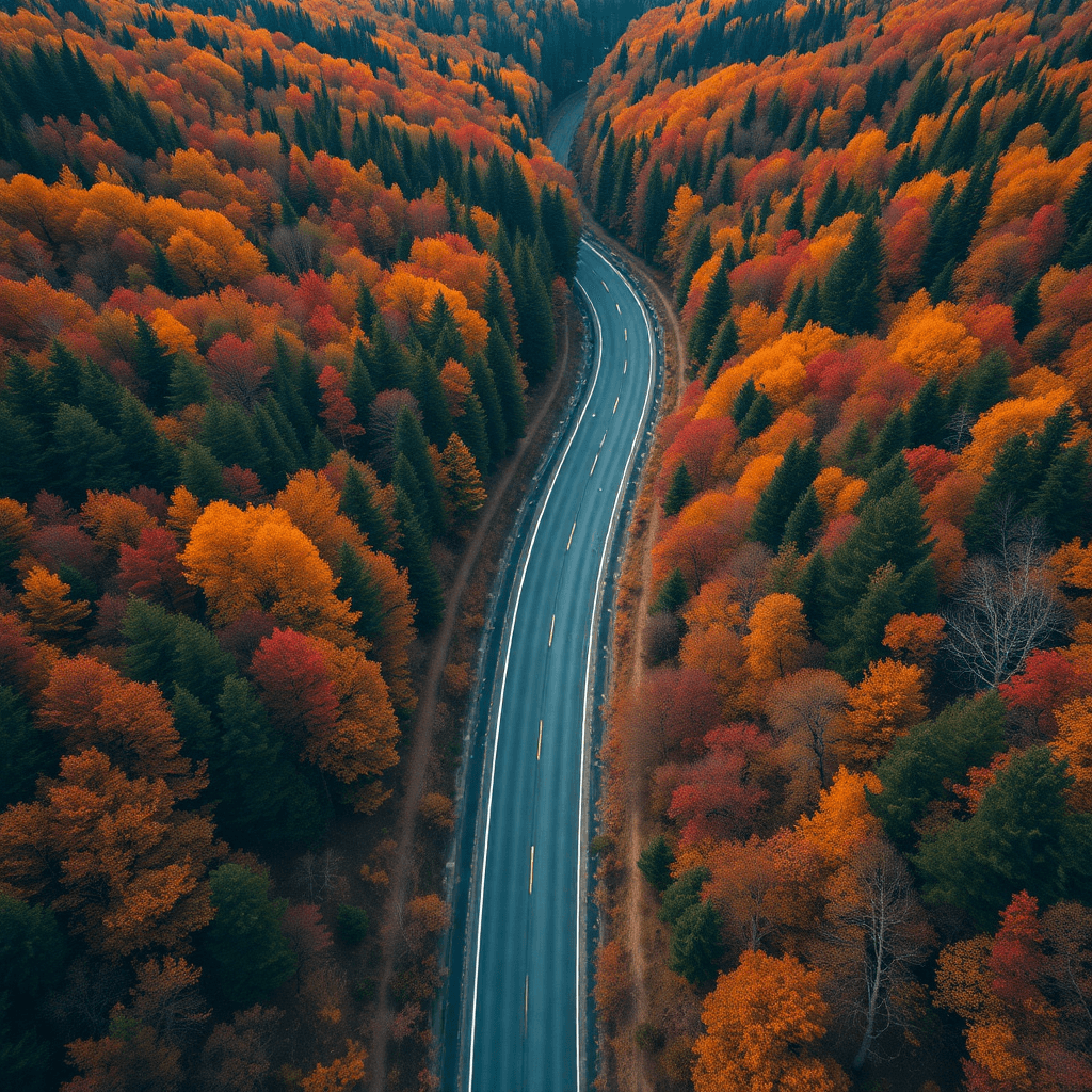 scenic highway road cutting through autumn forest aerial view travel photography